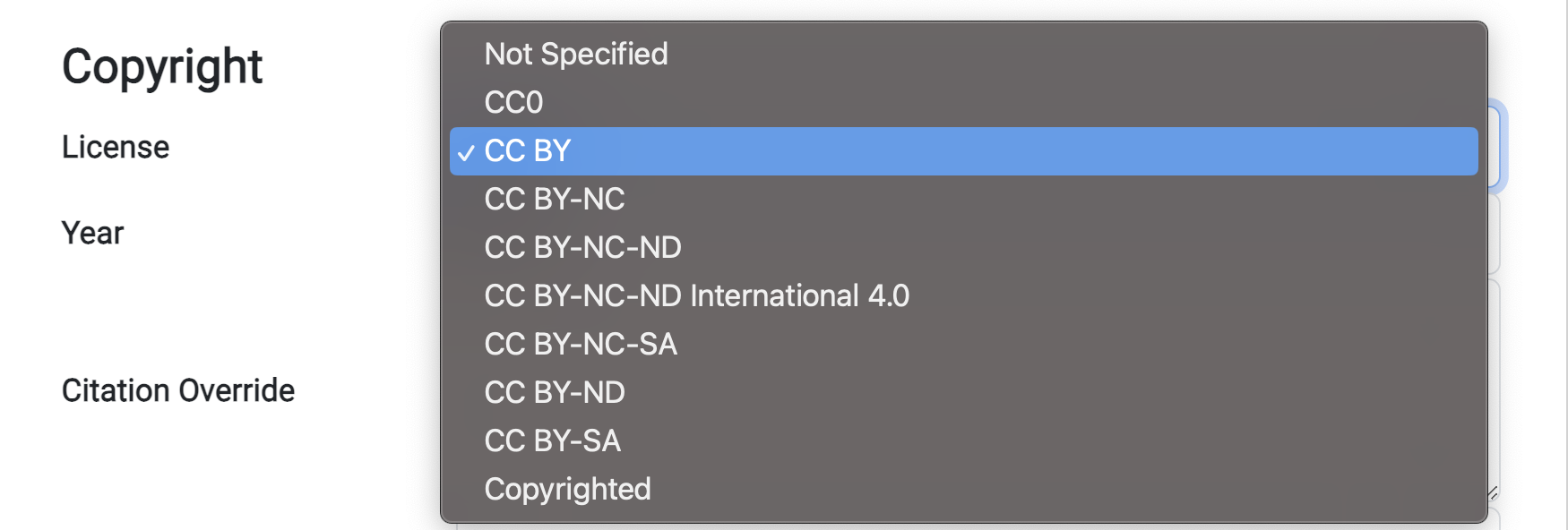 EdTech Books editing interface, where you can select the license for the publication